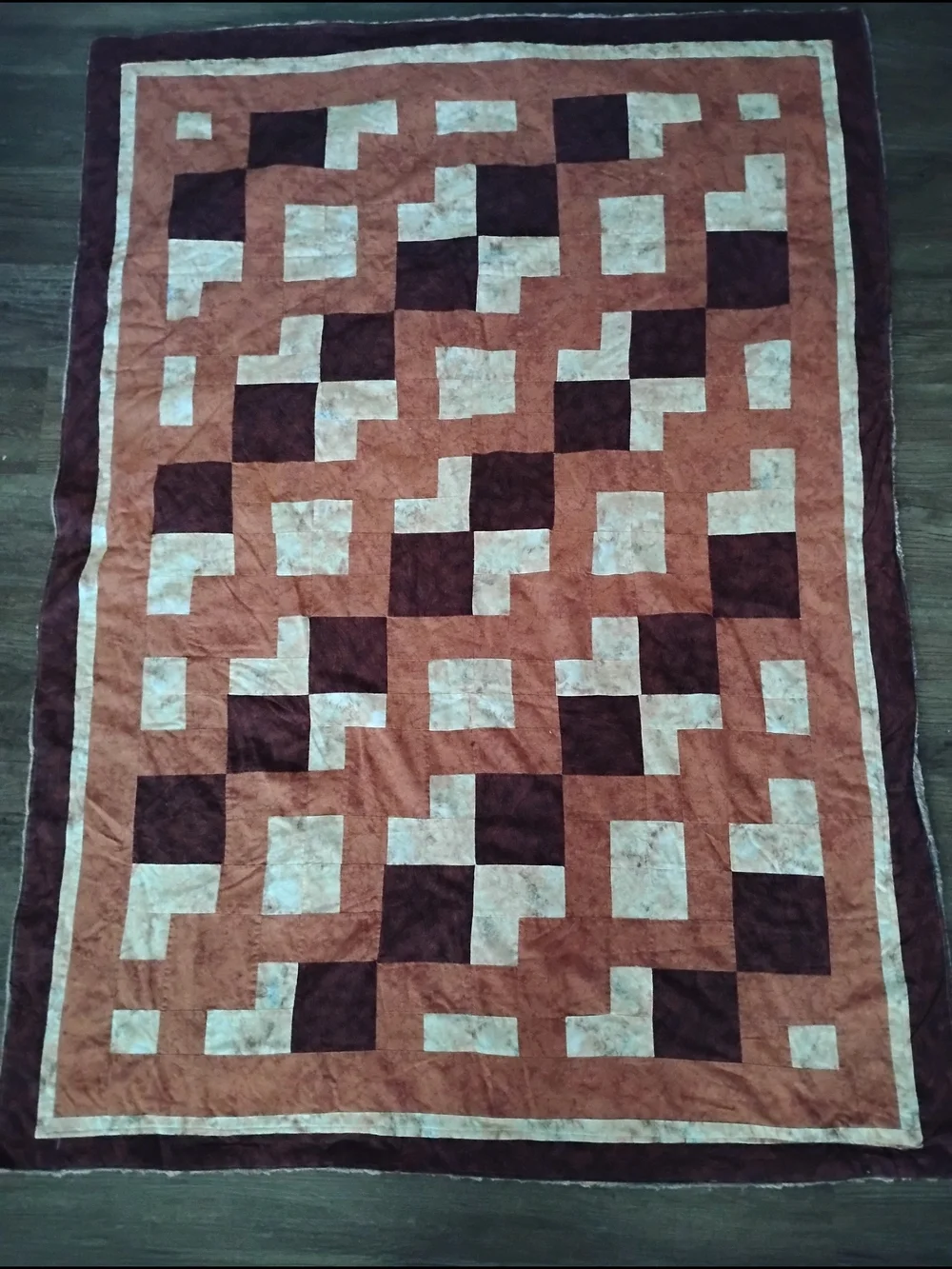 Handmade Brown & Cream Patchwork Quilt Crib Blanket/Throw Faux Fur Back. Cottage